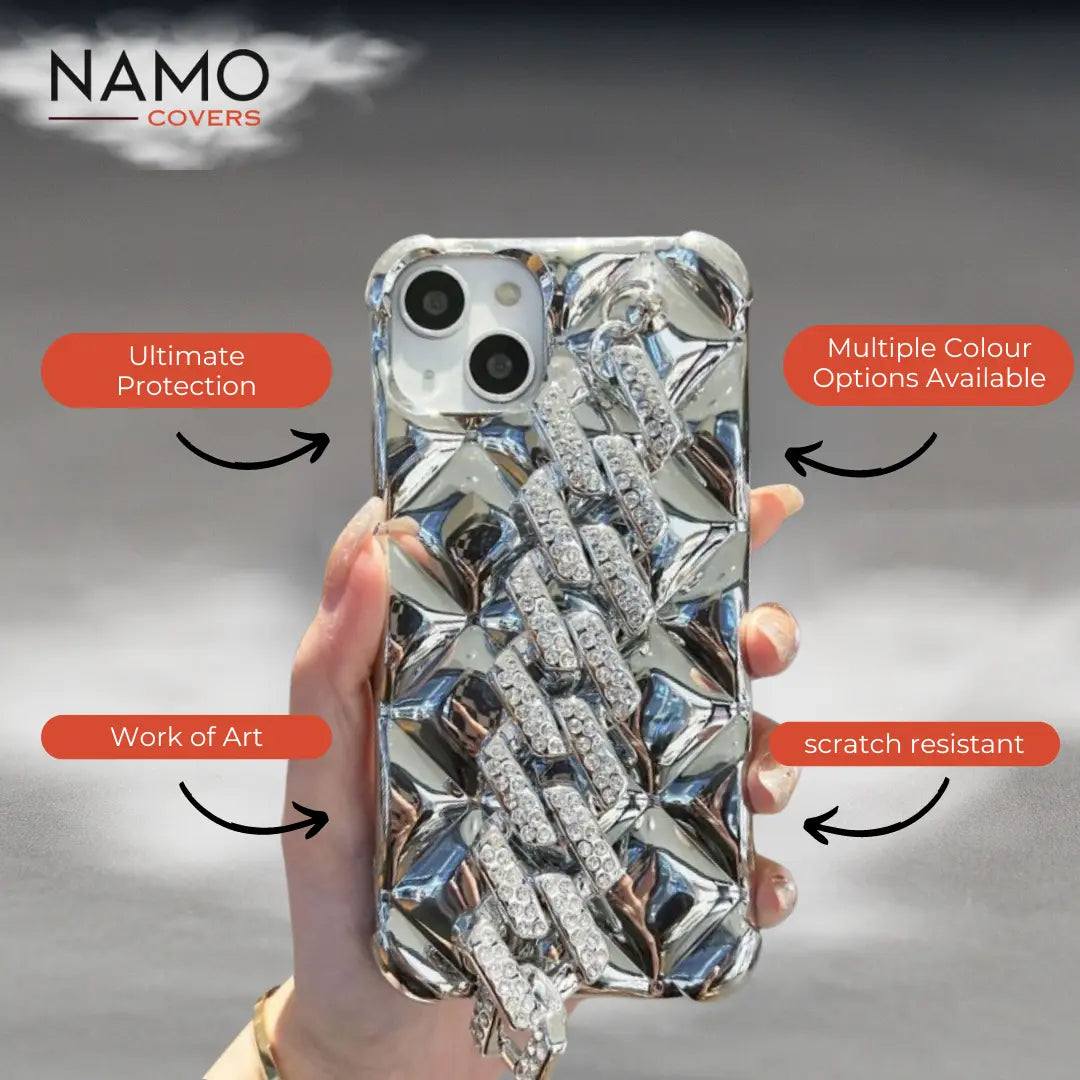 iPhone 15 Pro Max Silver Luxury Diamond Chain Strap Case NAMO COVERS